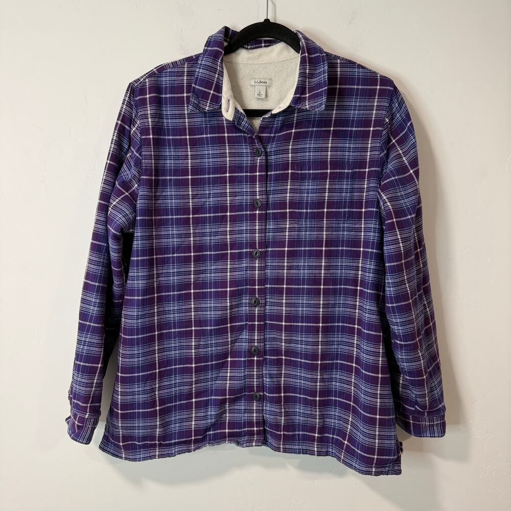 L.L. Bean Women's Fleece-Lined Flannel Shirt Button Front Plaid Purple Large